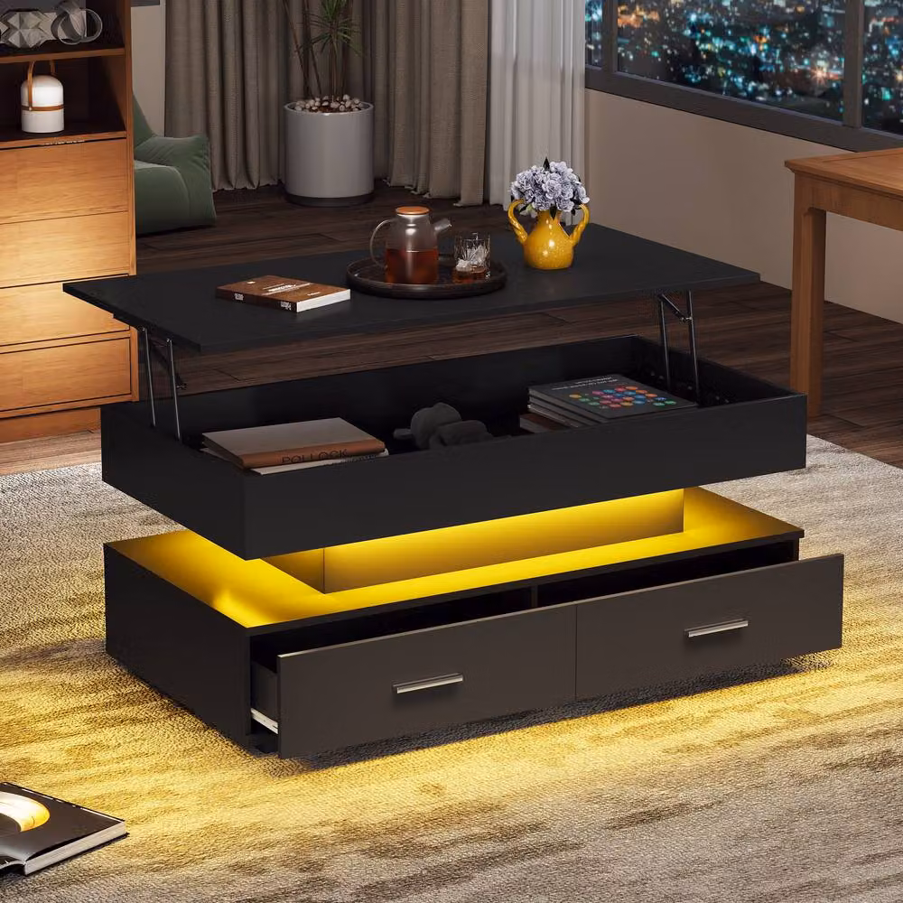 STILVORA Modern Black Lift Top Coffee Table with LED Storage and 2 Drawers – 2