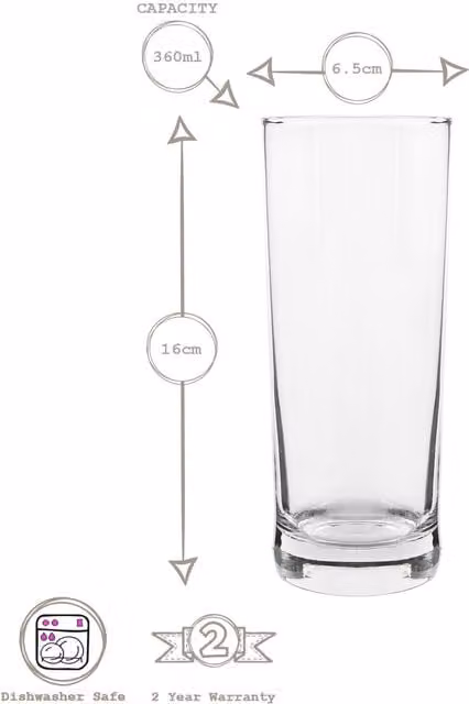 LAV Liberty Highball Glasses, Transparent, 360ml, Pack of 12
