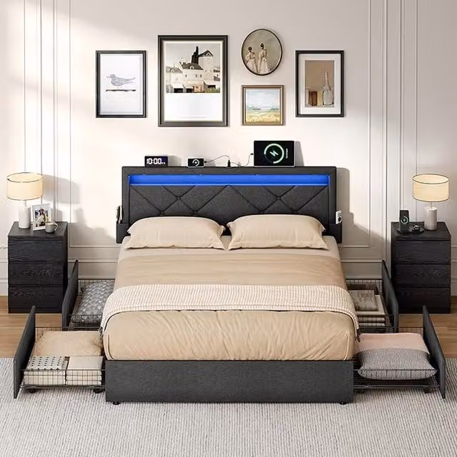 VASAGLE Upholstered Double Bed Frame with Storage Drawers, LED Headboard and USB Charging Ports, Grey, 140 x 200 cm
