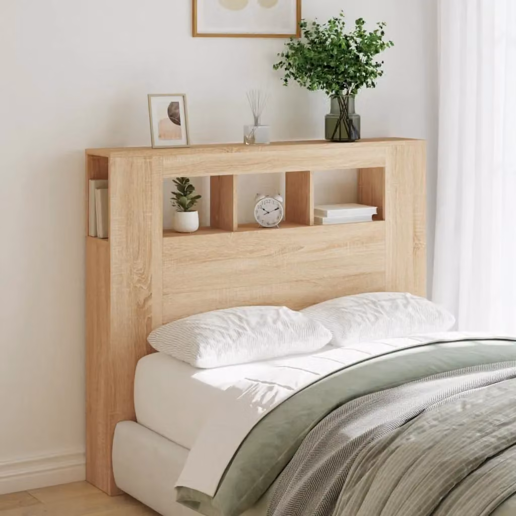 Berkfield Home Sonoma Oak LED Headboard in Brown with Integrated Lighting, Shelf and USB Charging Port, W/D/H: 120 x 18.5 x 103.5 cm – 3