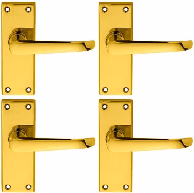 Loops 4 Pairs of Straight Victorian Handles on Latch Backplate, Polished Brass, 150 x 42 mm