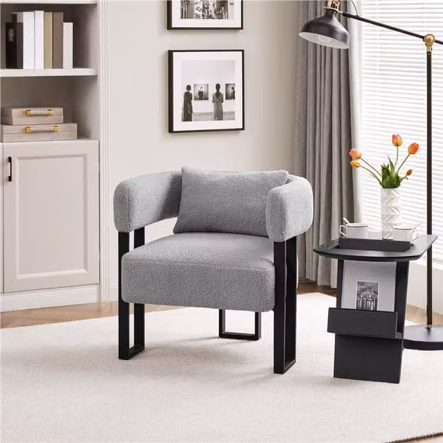 Yaheetech Oversized Grey Bouclé Tub Armchair with Metal and Wood Frame