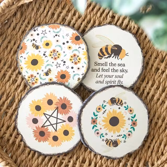 KDMK Summer Solstice Round Wood Slice Coaster Set of 4 in White and Multicolour