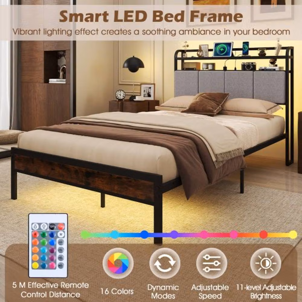 Costway Double Size Bed Frame in Brown with LED Under-Bed Lighting, USB Charging Port and Side Compartments, 140 x 200 cm – 5