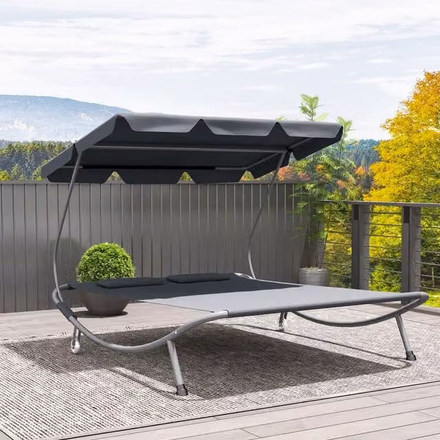Outsunny Double Hammock Sun Lounger with Sun Canopy and Castors in Grey
