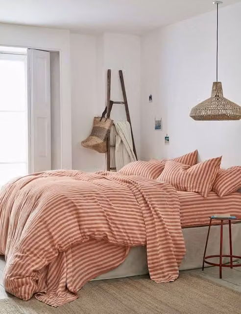 Piglet in Bed Pembroke Stripe Linen Rich Duvet Cover in Orange Mix