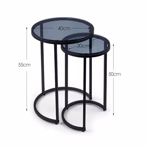 Julian Bowen Chicago Round Nest of 2 Side Tables with Smoked Glass Tops in Black and Grey, H 55 x W 40 x D 40 cm – 2