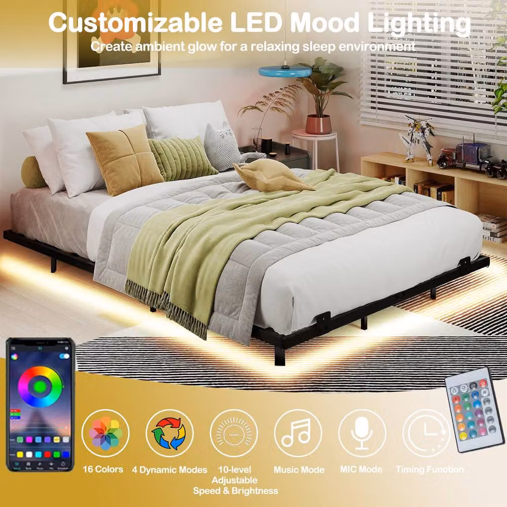 Costway Double Size Modern Metal Floating Bed Frame with LED Under-Bed Lighting in Black, 140 x 200 cm – 3