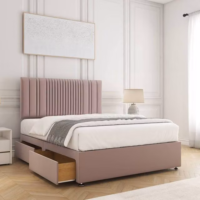 BSSPOKE Florence Plush Velvet Divan Bed Set with 24 inch Headboard, 4 Drawers and Mattress, Pink, W/D/H: 140 x 200 cm