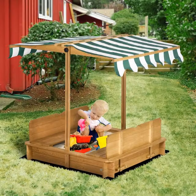 Outsunny Kids Sand Pit Bench with Adjustable Canopy in Light Brown
