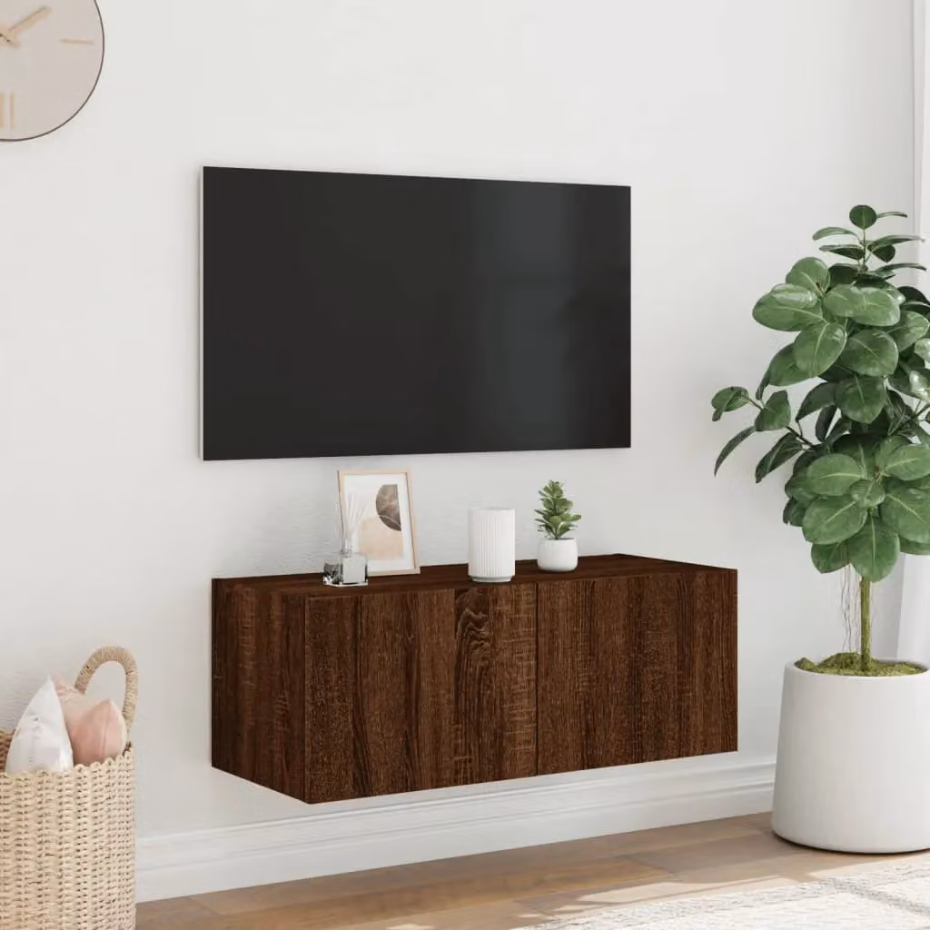 Berkfield Home Modern Wall Mounted TV Cabinet with Integrated LED Lights in Brown Oak, W/D/H: 80 x 35 x 31 cm – 4