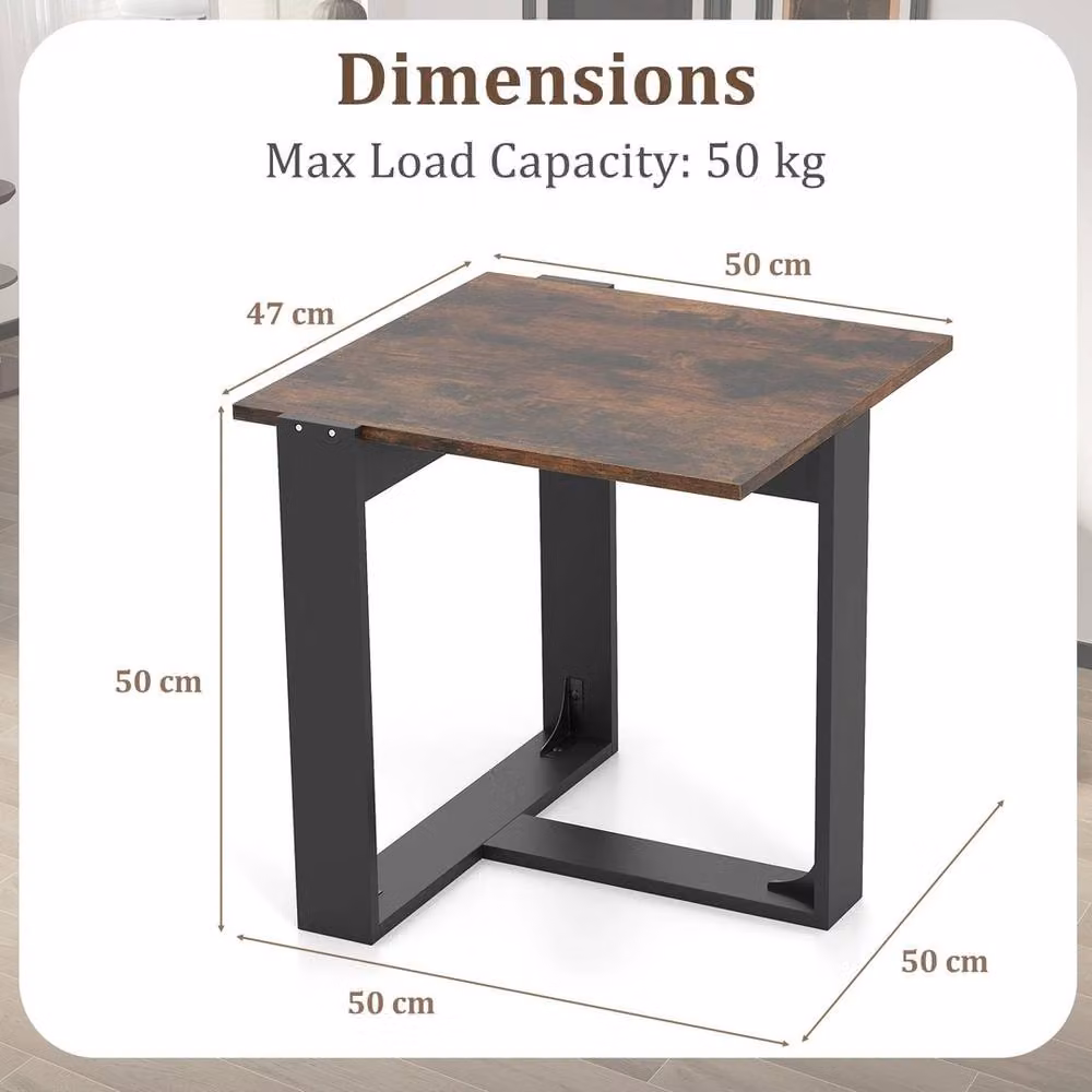 FORGEVIO Industrial Square Side Table with T-Shaped Metal Base and Wood Top, Brown, W/D/H: 50 x 50 x 50 cm – 2