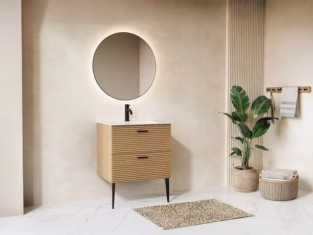 Vente-unique Fluted Freestanding Bathroom Unit with Inset Basin and 2 Drawers in Light Oak