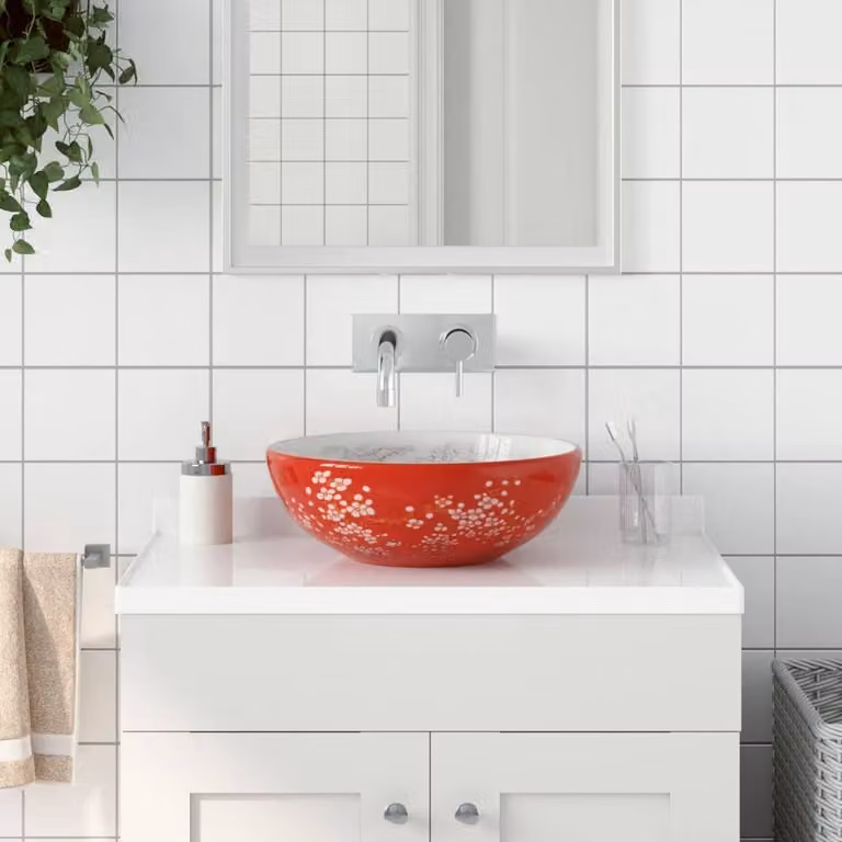 Berkfield Home Round Ceramic Countertop Basin in White and Red, W: 41 cm, H: 14 cm