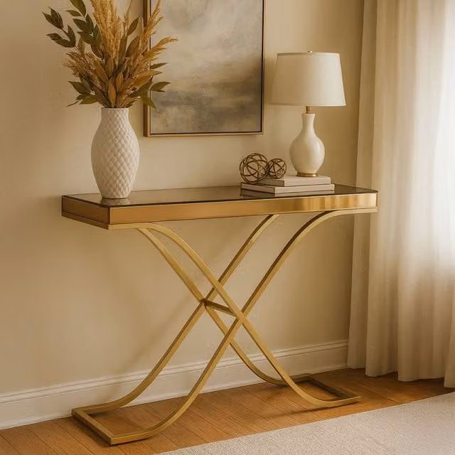Orsina Modern Rectangular Console Table with Gold Finish and Brown Glass Top