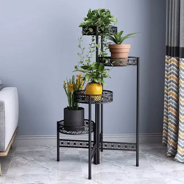 Living and Home 4-Tier Rotating Metal Plant Stand Display Shelf in Matt Black