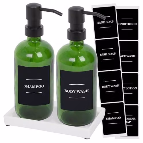 Harbour Housewares 2 Piece Glass Soap Dispenser Set with Ceramic Tray and Labels, 500ml, Green and Black – 1