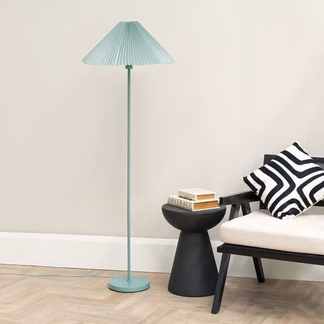ValueLights Akira Slim Floor Lamp with Blue Pleated Fabric Shade, H 156 cm x W 53 cm – 1