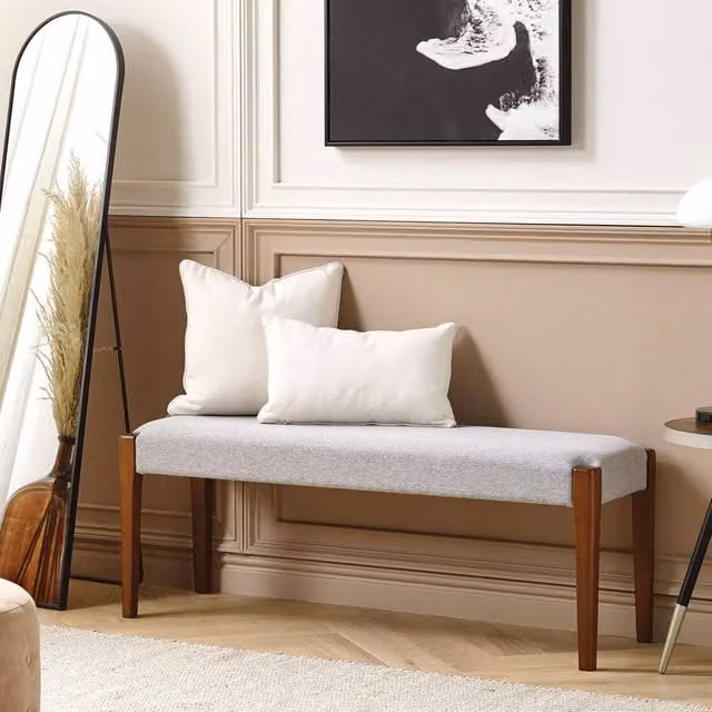 Wyld and Coco Hallway Bench with Grey Fabric Upholstered Seat and Dark Wood Frame – 1