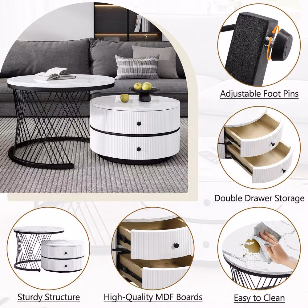 Matteo White and Gold High Gloss Round Nesting Coffee Table with Drawers – 3
