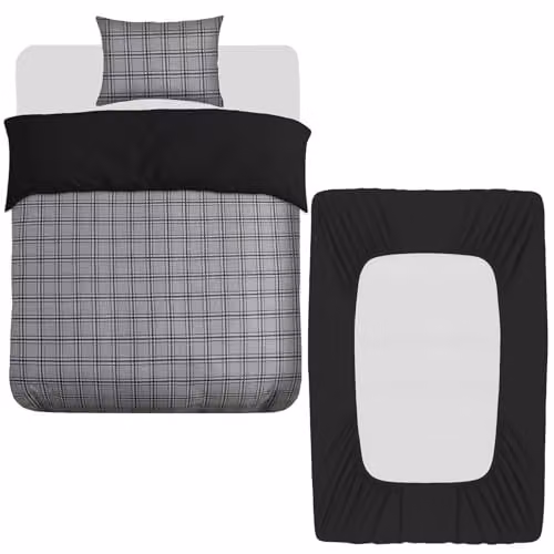 Grace 3 Piece Single Duvet Cover Set with Matching Black Fitted Sheet, Reversible Breathable Microfibre Bedding Set, Grey, W/D/H: 135 x 200 cm, Pillowcase: 50 x 75 cm, Fitted Sheet: 90 x 190 x 40 cm
