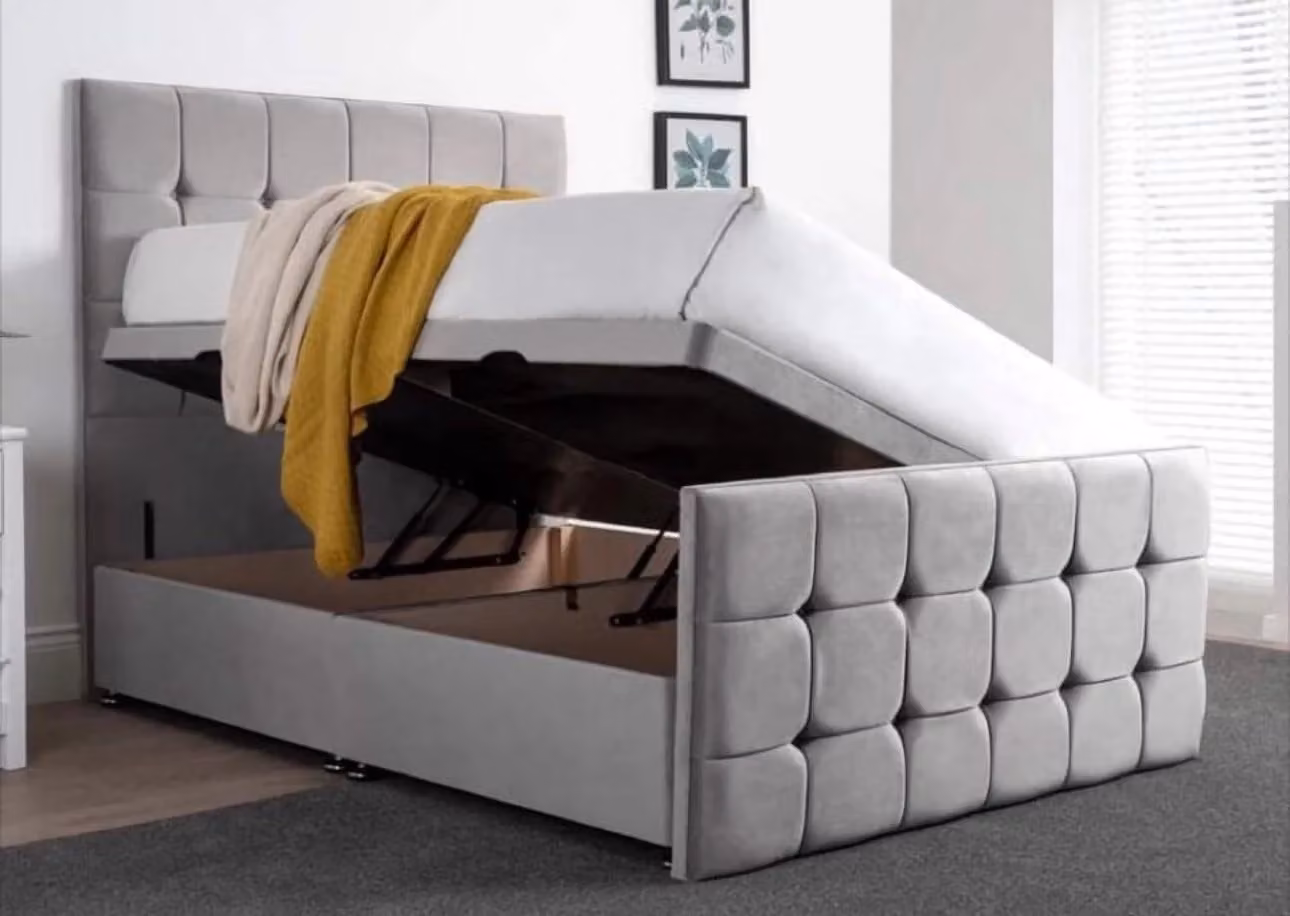 Cube Divan Bed with Lift Up Base in Grey Fabric