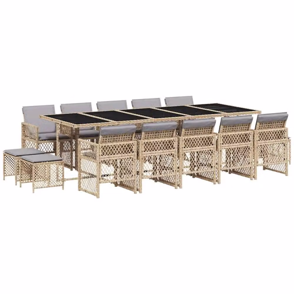 Berkfield Home 15 Piece Poly Rattan Garden Dining Set with Beige Cushions and Glass Tabletop – 2