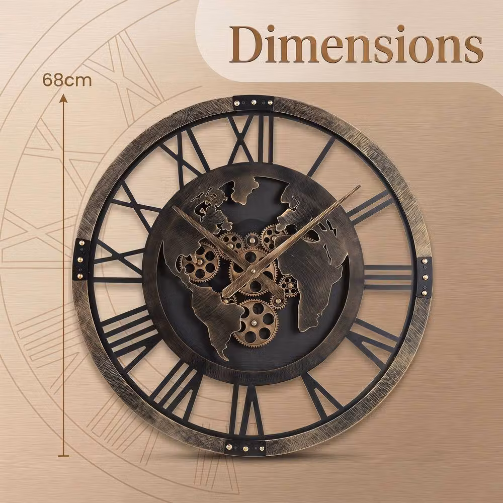 Gymax Vintage World Map Decorative Gear Wall Clock in Brown, Diameter: 68 cm – 2