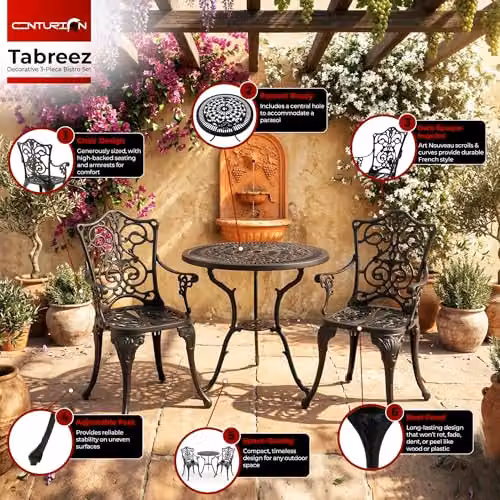 Centurion TABREEZ 3-Piece Bistro Set, Black Powder Coated Aluminium Garden Furniture with Round Table and 2 Chairs – 4