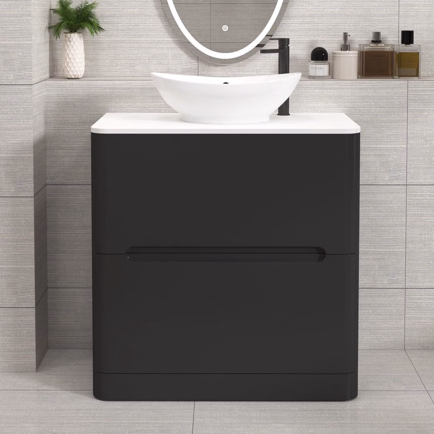 Royal Bathrooms Venice 800mm Matt Nocturne Black Floor Standing 2 Drawer Vanity Unit with Plain White Worktop and Amaze Basin