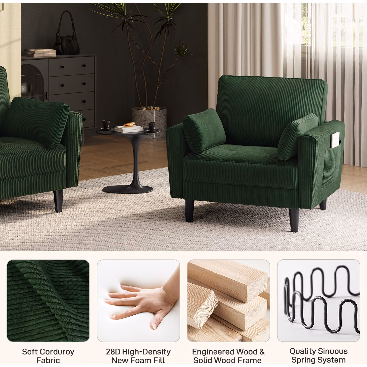 Yaheetech Upholstered Tub Armchair with 2 Pillows and Solid Wood Frame, Green – 2