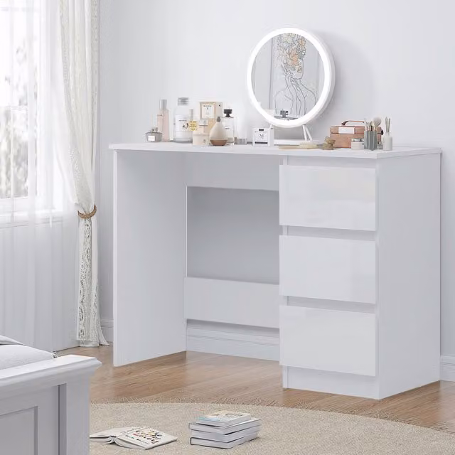 FWStyle Scandinavian High Gloss White Dressing Table with 3 Drawers