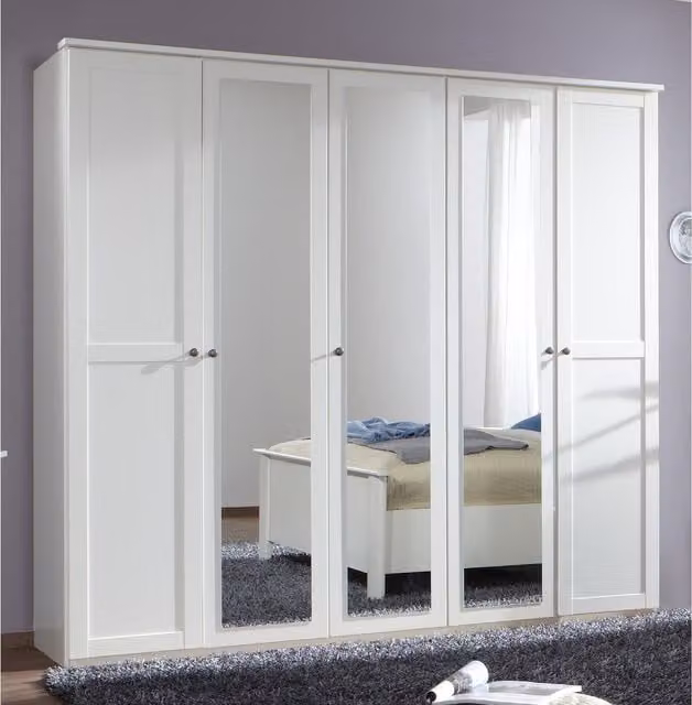 Tjs Chalet White 5 Door Wardrobe with Glass Doors and Mirror in White