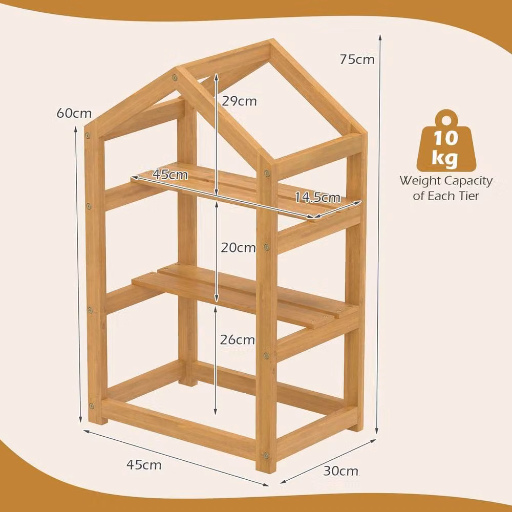 KORVIXA 2-Tier Acacia Wood Corner Plant Stand, House-Shaped Flower Shelf in Brown or Sand, H 75 cm – 2