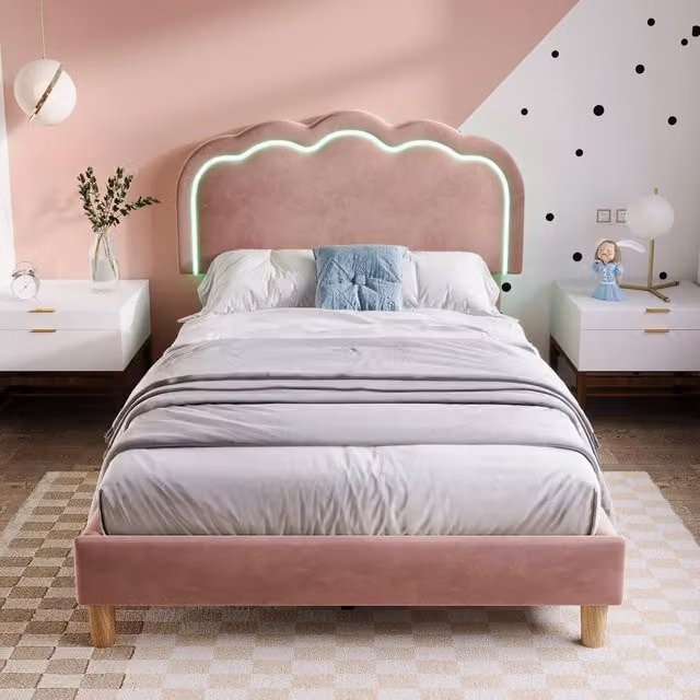 Merax 3FT Single Velvet Upholstered Bed with LED Adjustable Headboard and Integrated Reading Light in Pink, W/D/H: 90 x 190 cm
