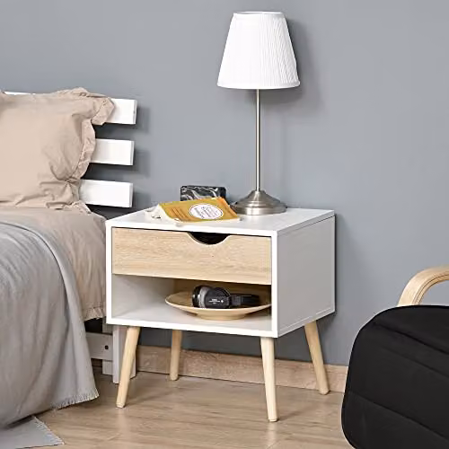 HOMCOM White Bedside Table with Drawer and Shelf for your Bedroom, W: 39.0 cm, D: 50.0 cm, H: 51.0 cm – 2