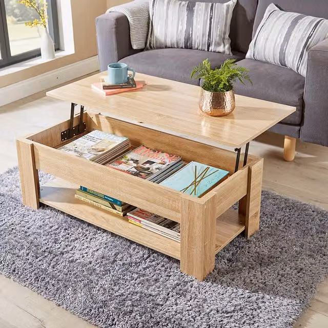 Home Source Orlando Lift Up Coffee Table with Storage Shelf in Sand Natural Wood Finish