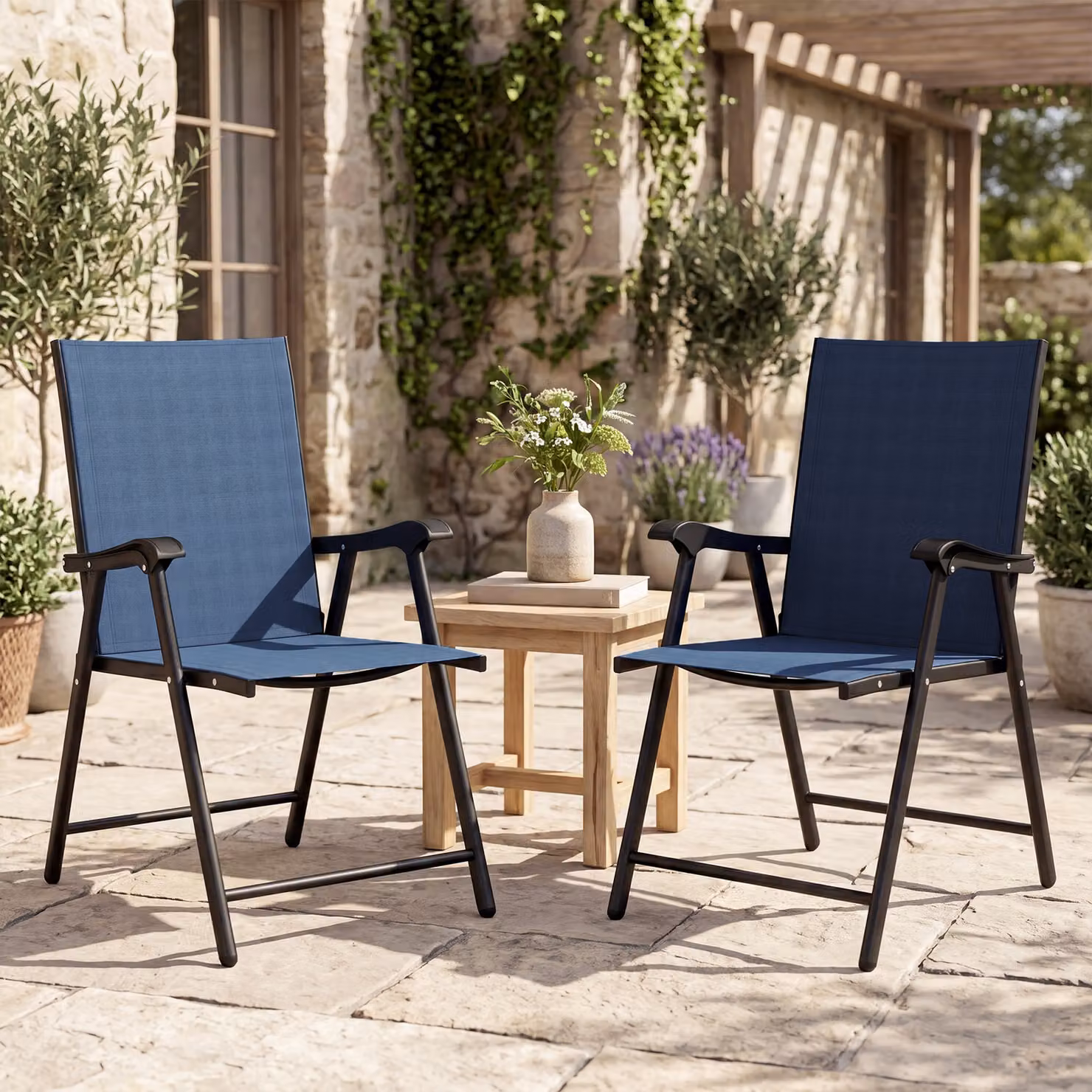 Outsunny Set of 2 Folding Garden Dining Chairs with Armrests and Textilene Seats in Navy Blue – 2