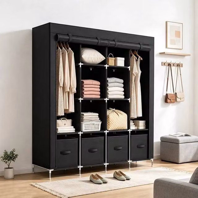 FORGEVIO Black Fabric Canvas Wardrobe with Hanging Rail and Integrated Drawers