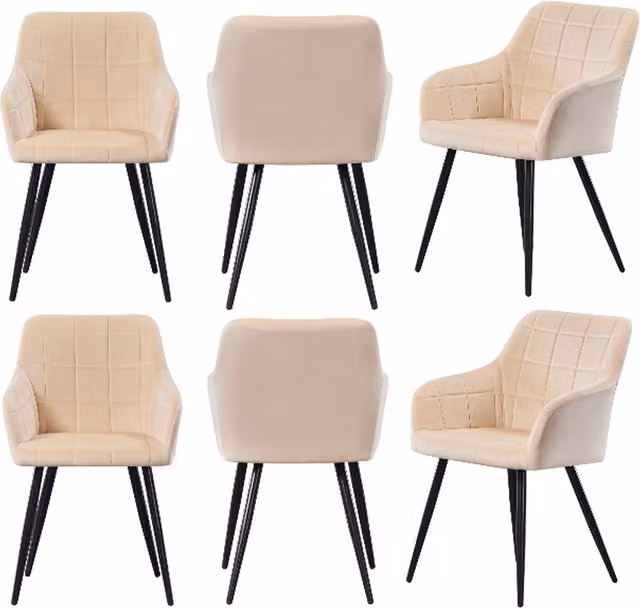 Life Interiors Set of 6 Camden Modern Velvet Dining Chairs with Armrests and Black Metal Legs in White