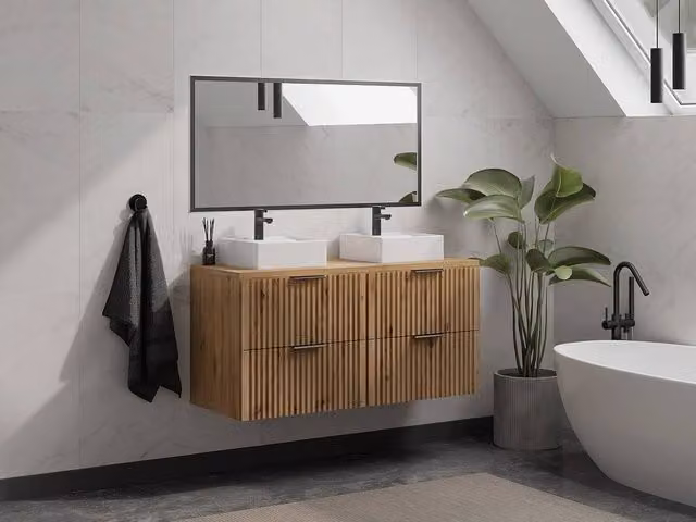 Vente-unique Wall-Mounted Striped Vanity Unit in Light Oak, W: 120 cm, D: 46 cm, H: 57 cm