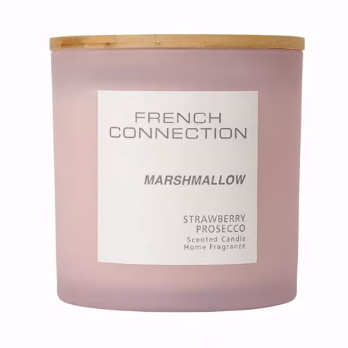 French Connection Pastel Range Marshmallow Scented Container Candle in Pink Frosted Glass with Bamboo Lid