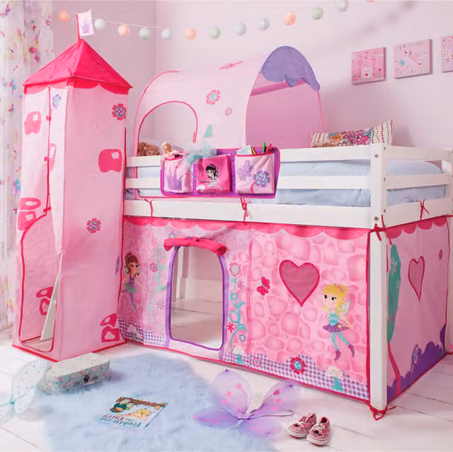Noa and Nani Moro Midsleeper Cabin Bed with Fairies Package in White and Pink Solid Pine Wood
