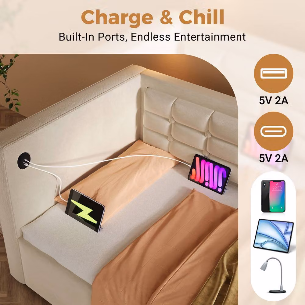 Matteo 3FT Single Sofa Bed in Beige with USB Charging Port and Lift Up Base – 2