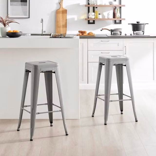 FurnitureboxUK Set of 2 Colton Tolix Style Metal Stackable Retro Industrial Bar Stools in Grey