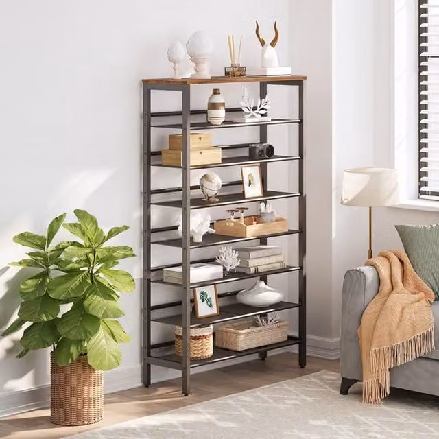 Livingandhome 8-Tier Industrial Metal and Wood Freestanding Shoe Rack in Black