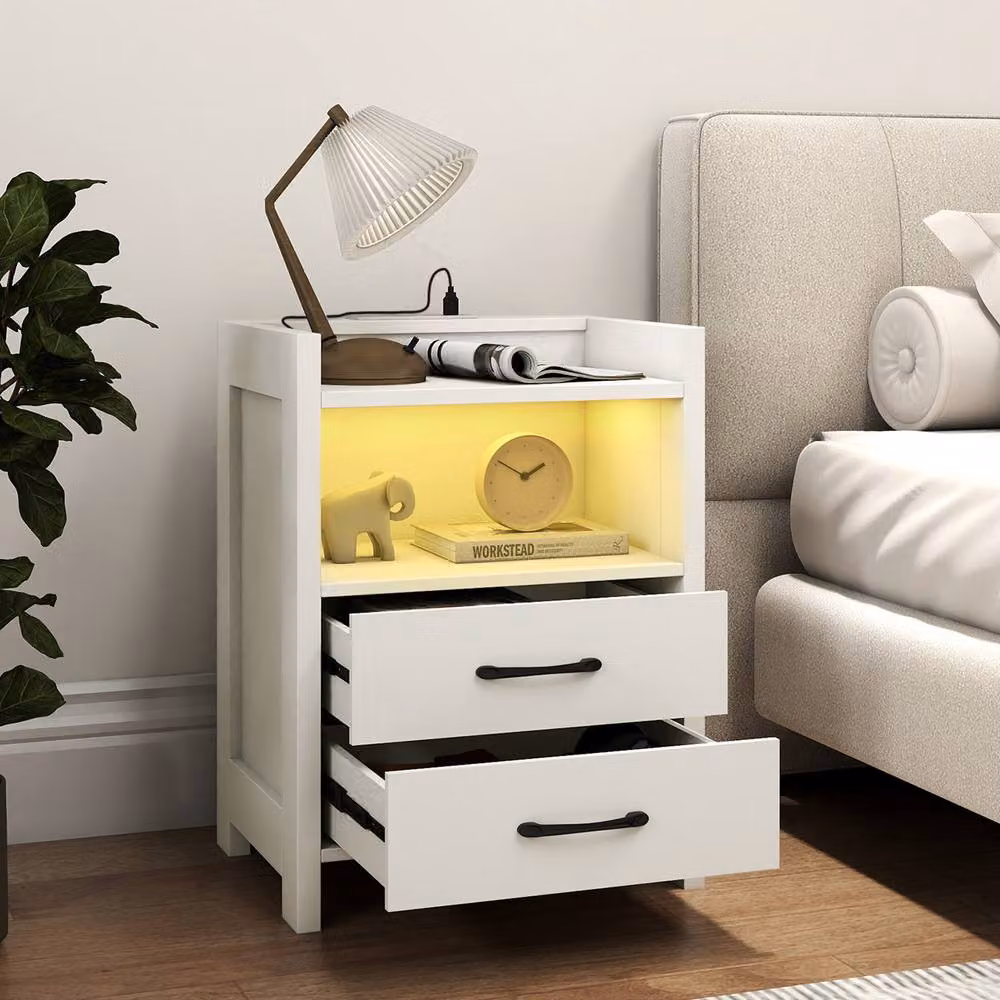 Gymax Modern White Nightstand with Integrated LED Lighting and Power Outlets – 3