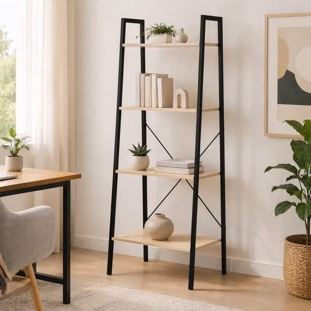 STILVORA 4 Tier Ladder Shelf with Steel Frame in Beige