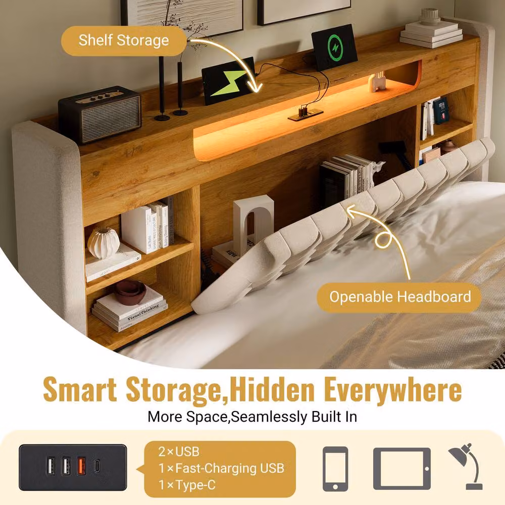 Matteo Super King Upholstered Bed in Beige with Hydraulic Storage, LED Lighting, and USB Charging Ports, W/D/H: 200 x 200 cm – 3