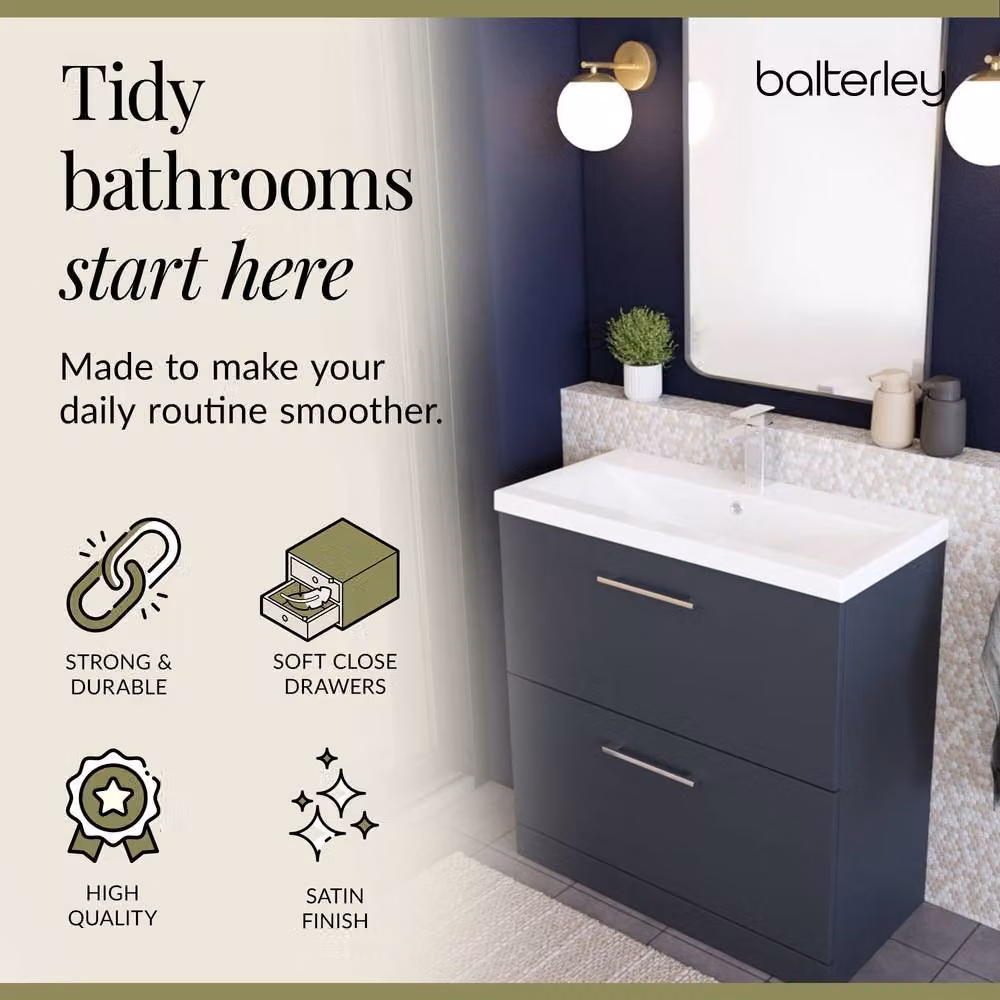 Balterley Modern 2 Drawer Floor Standing Bathroom Vanity Unit and Rectangular Mid-Edge Basin, Dark Grey, W: 80 cm, D: 39 cm, H: 85 cm – 7